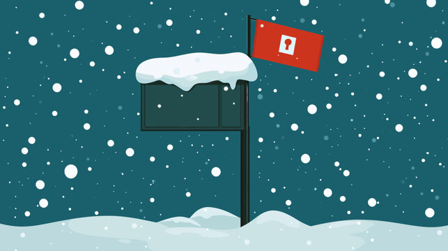 Snow-covered red and black mailbox during snowfall in winter landscape