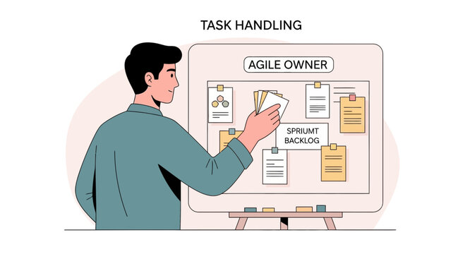 Agile owner managing scrum backlog and tasks on a whiteboard