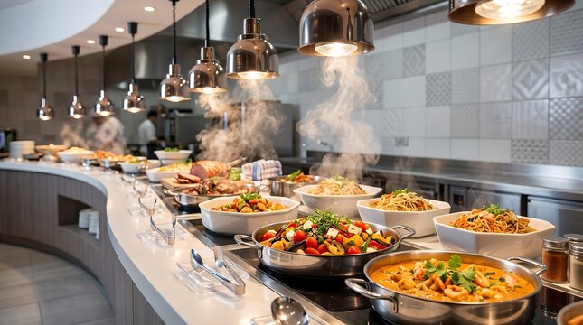 Elegant hotel buffet station with hot meals and heat lamps