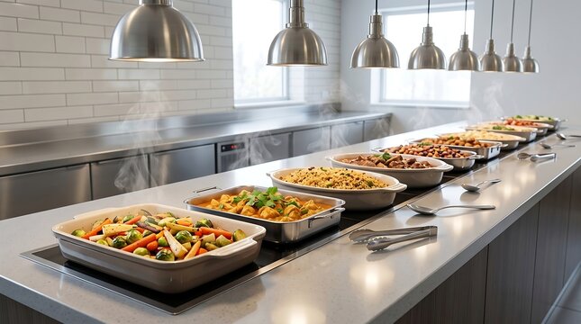 Hot food buffet line with chafing dishes in catering setup