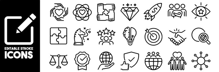Corporate culture, leadership and teamwork icon set. Mission, vision, strategy, success and values thin line vector editable stroke illustration icons © dad stock