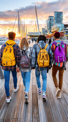 Obraz premium Backpack student friend group walking boardwalk Four diverse students with colorful backpack walk waterfront boardwalk sunset back to school mood