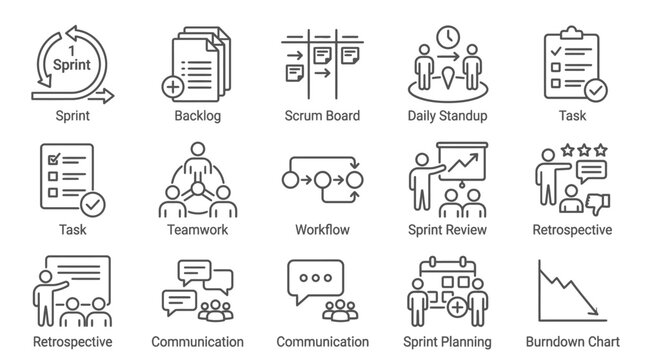 Agile methodology icons sprint planning and workflow elements vector set for project management and business on white background.