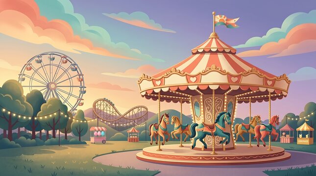 Vector Amusement Park with Carousel at Sunset