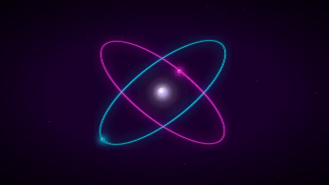 A vibrant neon animation of an atomic model featuring a bright central nucleus with magenta and cyan electrons spinning in elliptical orbits against a dark space background with subtle stars.
