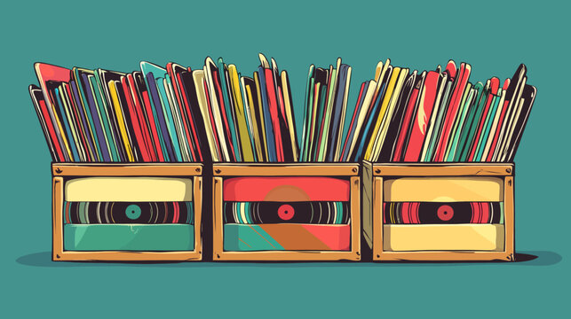 Illustrative image of three wooden crates filled with colorful vinyl records and stacked magazines