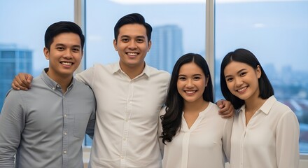 Obraz premium Happy Business Team Smiling Together in Modern Office