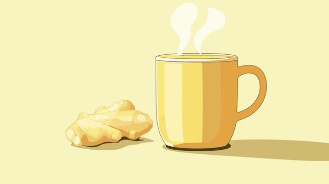 Hot beverage in a yellow mug with steam, ginger root beside it