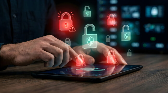 Hand touching digital tablet with glowing red and green padlock security icons cybersecurity threat alert concept on dark background