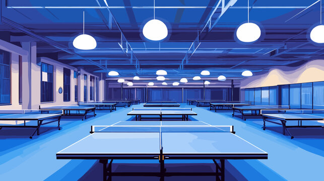 Spacious indoor ping pong hall with multiple tables and bright lighting