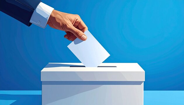 The concept of democratic voting is depicted through a stylishly designed image of a hand placing a ballot into a slot in a white ballot box, against a simple and clean blue background.