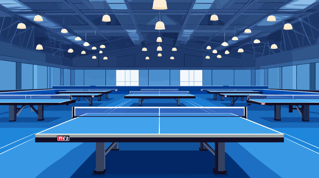 Indoor gymnasium with multiple blue ping pong tables, overhead lights