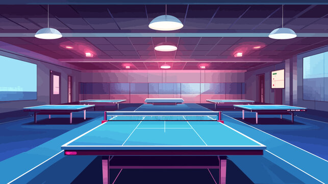 Brightly lit indoor ping pong facility with multiple tables and digital screen