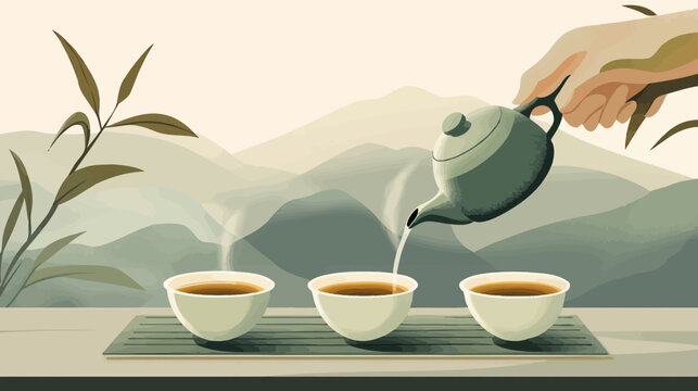 Hand pouring tea into three cups on a mat with mountain backdrop