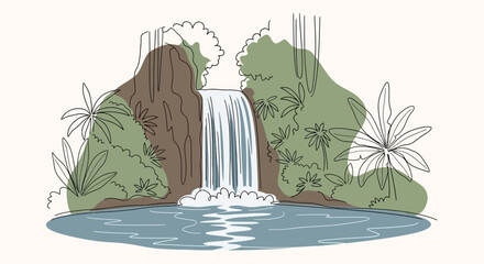 Waterfall cascading down rocky slope. © Afinaja