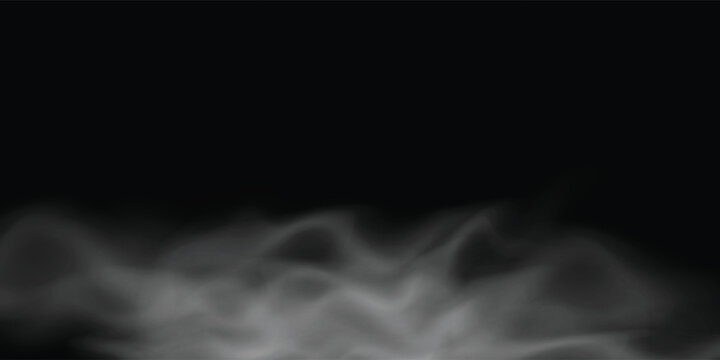 Realistic white smoke or fog floating on a dark black background. Mist overlay effect, steam stream, or smooth cloud puff isolated vector illustration