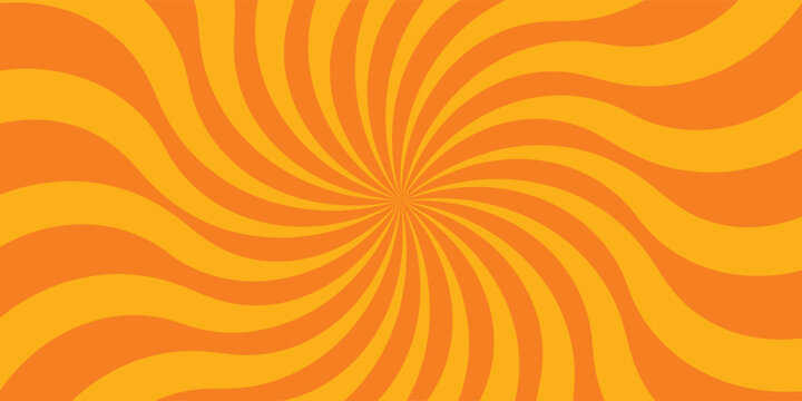 Retro pop art background with a dynamic twisted spiral sunburst pattern in vibrant orange and yellow. Classic comic book style wavy swirl backdrop