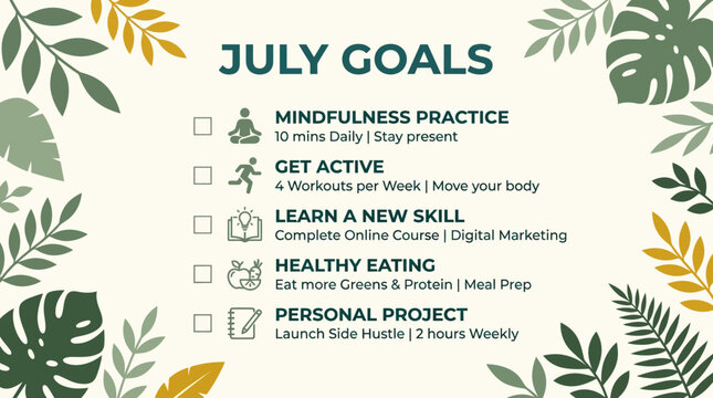 July Goals Checklist with Tropical Botanical Frame