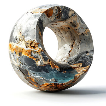 Abstract torus shape with intricate marbled texture, stone and metallic elements, 3d render