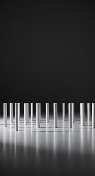 Minimalist view of perfectly aligned identical forms creating a repeating pattern in a vast empty space, showing precise order, minimal, array, technology