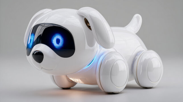 Futuristic glowing white robotic dog toy with smart interactive features