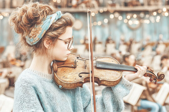 Violinist violin musician orchestra concert rehearsal back to school music class practice with focused woman playing violin stage with warm lights