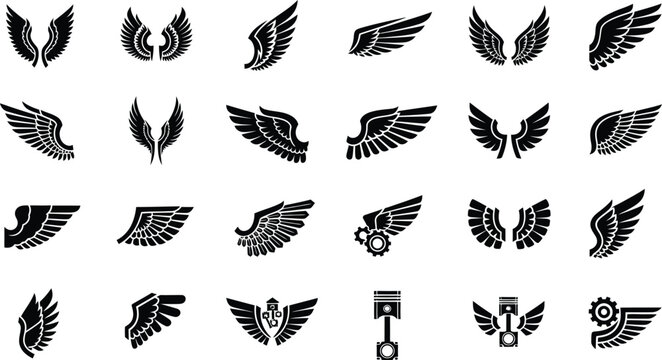 Collection of black wing vector icons featuring heraldic feathers and mechanical elements like gears and pistons for automotive logo design