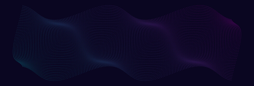 Cyberpunk style dotted wave mesh grid with blue and purple neon gradient on dark background for technology concept