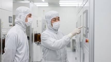 Fototapeta premium クリーンルーム内で半導体製造設備のモニター画面を指差し確認しOJTを受ける日本人製造技術者