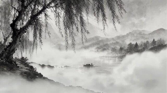 Misty Mountain Serenity: An ethereal ink wash painting captures a tranquil scene of mist-shrouded mountains, a lone boat drifting on a serene lake.