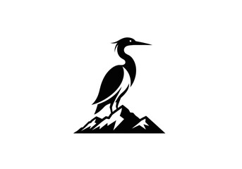 Fototapeta premium Elegant black and white heron silhouette perched on rocky mountains illustration