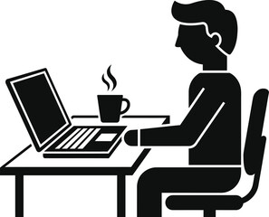 Fototapeta premium Black and white illustration of a man working on a laptop at a desk with a hot drink