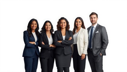 Obraz premium Professional team of five business people standing together isolated on white background with business professional colleagues corporate executive collaboration workplace leadership diversity