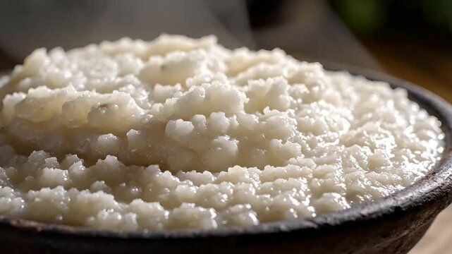 Close up of a bowl filled with white tapioca pearls.
