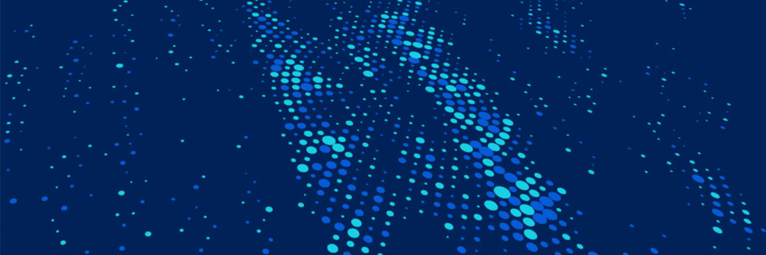 Glowing blue dotted texture. Abstract curved dot grid wallpaper. Circle halftone pattern background. Dark navy backdrop for technology, business, science, healthcare, medicine design. Vector