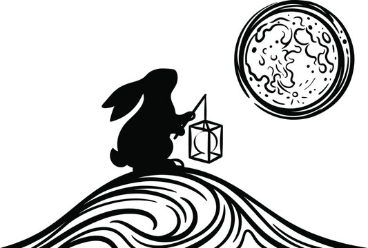 Rabbit sitting on a hill with a box and looking at the moon Mid-Autumn