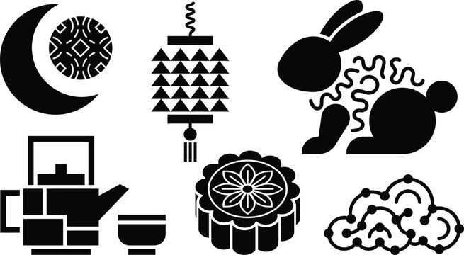 Black and white asian themed icons set Mid-Autumn