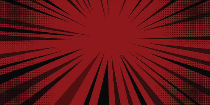 Comic book style background with sharp radial speed lines and halftone dot patterns on a dark red canvas. Dynamic manga explosion effect backdrop in maroon and black