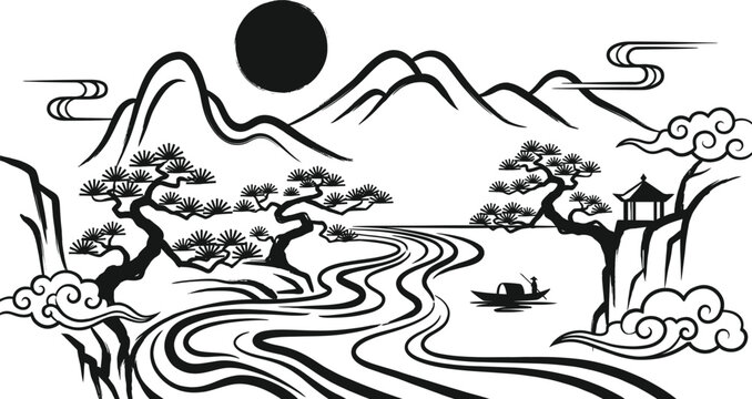 Black and white asian landscape with mountains river trees and boat Mid-Autumn
