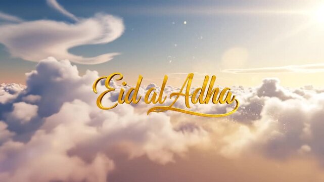 Golden Eid al Adha text elegantly displayed amidst soft, sunlit clouds in a serene sky.