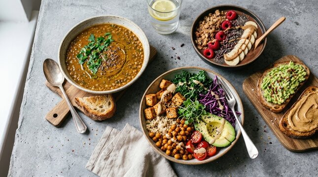 A flat lay photograph showcases a selection of vibrant, plant-based meals arranged on a gray concrete surface.