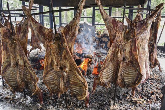 Spit-roasted mutton cooking on open fire, typical and traditional speciality in Tierra del Fuego and Patagonia, Ushuaia, Argentina