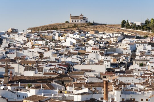 Townscape with Hermitage of Vera Cruz, Ermita de la Veracruz, Antequera, Andalusia, Spain