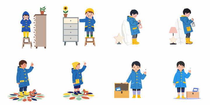 Illustrations of a little boy losing his milk teeth and participating in tooth fairy traditions, including various household objects and cute poses.