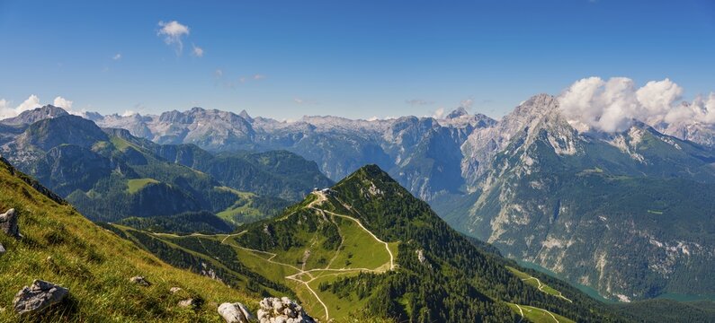 Panoramic view, Alpine panorama with view of the Berchtesgadener Alps, middle of the Jenner, behind the Steinerne Meer and on the right the Watzmann, Sch&ouml;nau am K&ouml;nigssee, Berchtesgaden National Park, Berchtesgadener Land, Upper Bavaria, Bavaria, Germany
