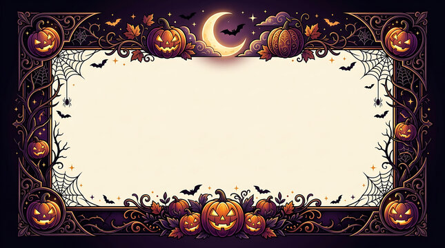 Halloween border frame with pumpkins and bats at night