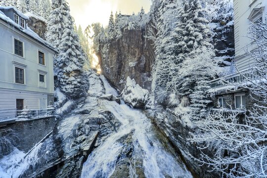 Snow-covered waterfall of the Gasteiner Ache, Bad Gastein, Gastein Valley, Hohe Tauern National Park, Salzburg Province, Austria