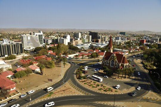 Evangelical Lutheran Church of Christ from 1910 with view of the city, Windhoek, Namibia