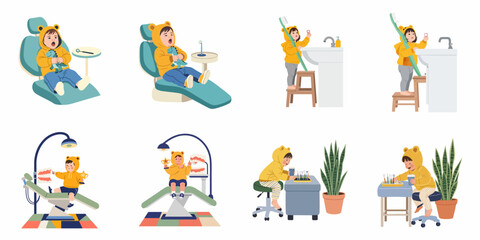 Fototapeta premium Cute Toddler in Bear Hoodie Exploring Dental Care Scenes at the Dentist and Home Bathroom Sink Set.
