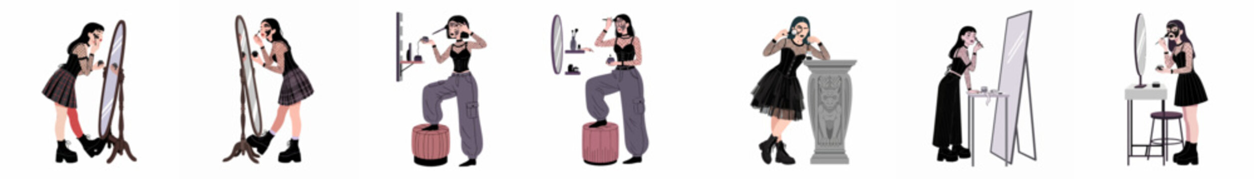 Set of alternative gothic illustrations featuring a young woman applying makeup and a black charcoal face mask in front of various mirrors.